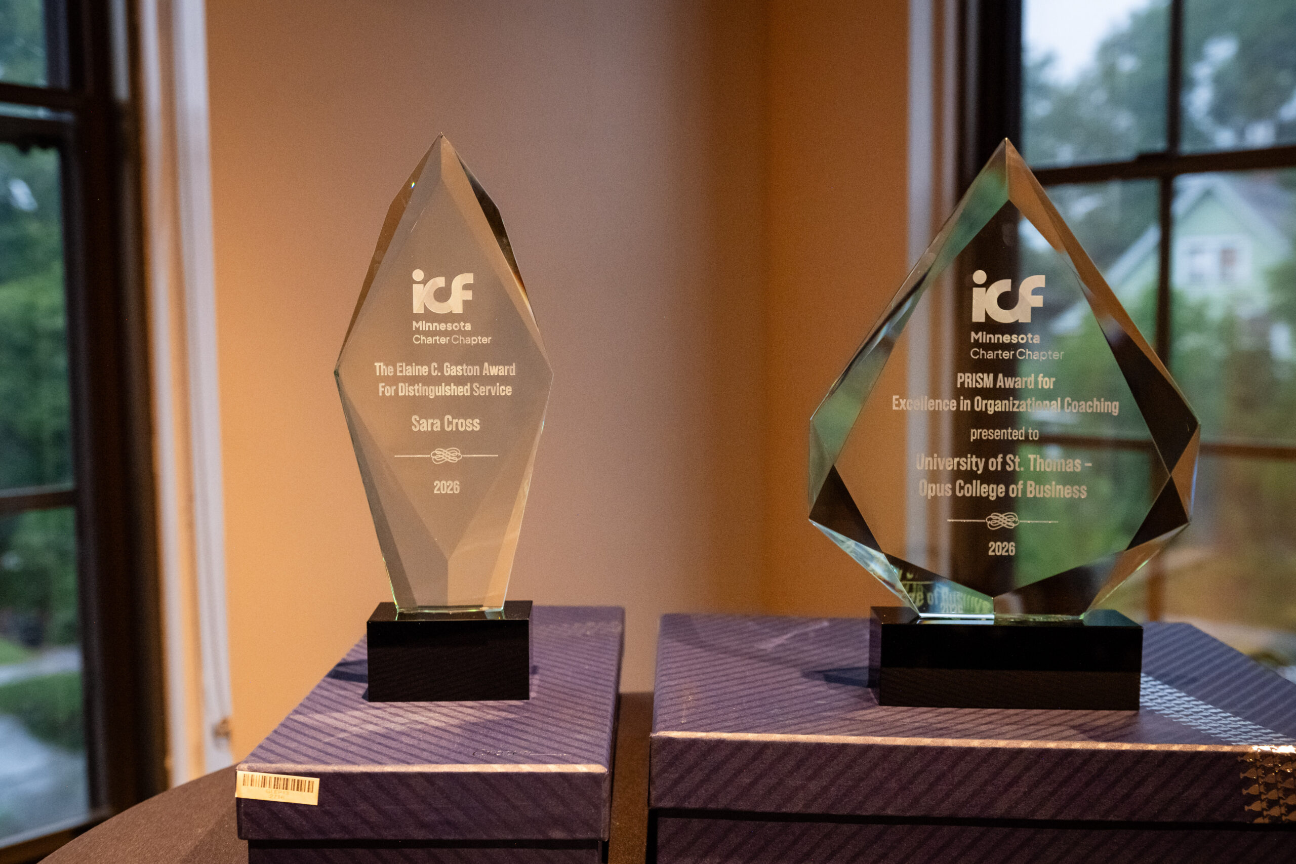 ICF Minnesota Charter Chapter award trophies: the Elaine C. Gaston Award for Distinguished Service and the PRISM Award for Excellence in Organizational Coaching